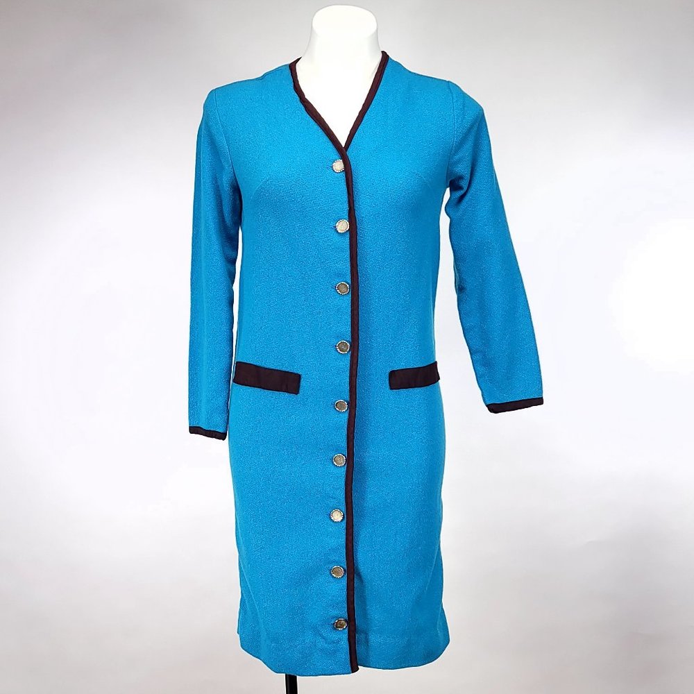 Vintage Carol Brent Turquoise Blue Knit Button Front Dress Contrast Trim 60s 70s